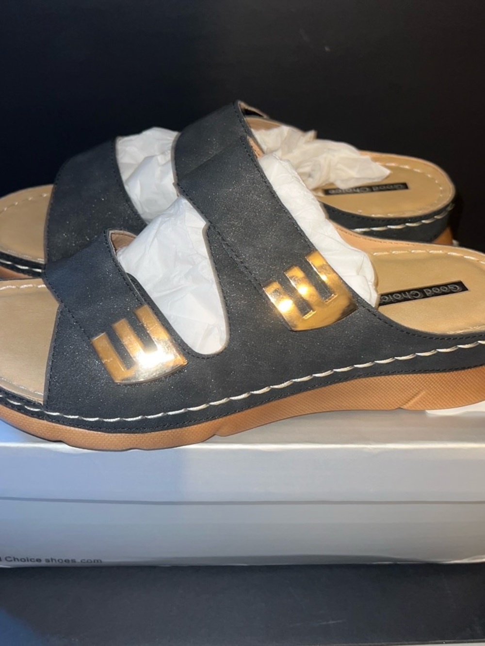 Good Chic Black Slide Sandals with Gold Accents